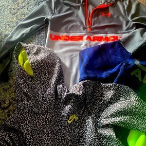 Five YL boy sweatshirts. 1 UA is pull over